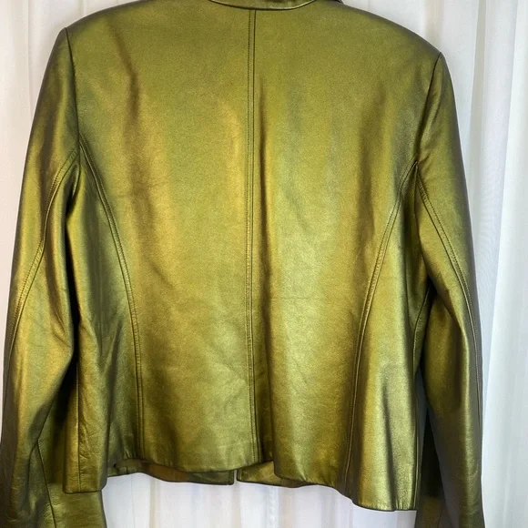 Linda Allard Ellen Tracy Metallic Green Gold Leather Jacket - Picture 8 of 10